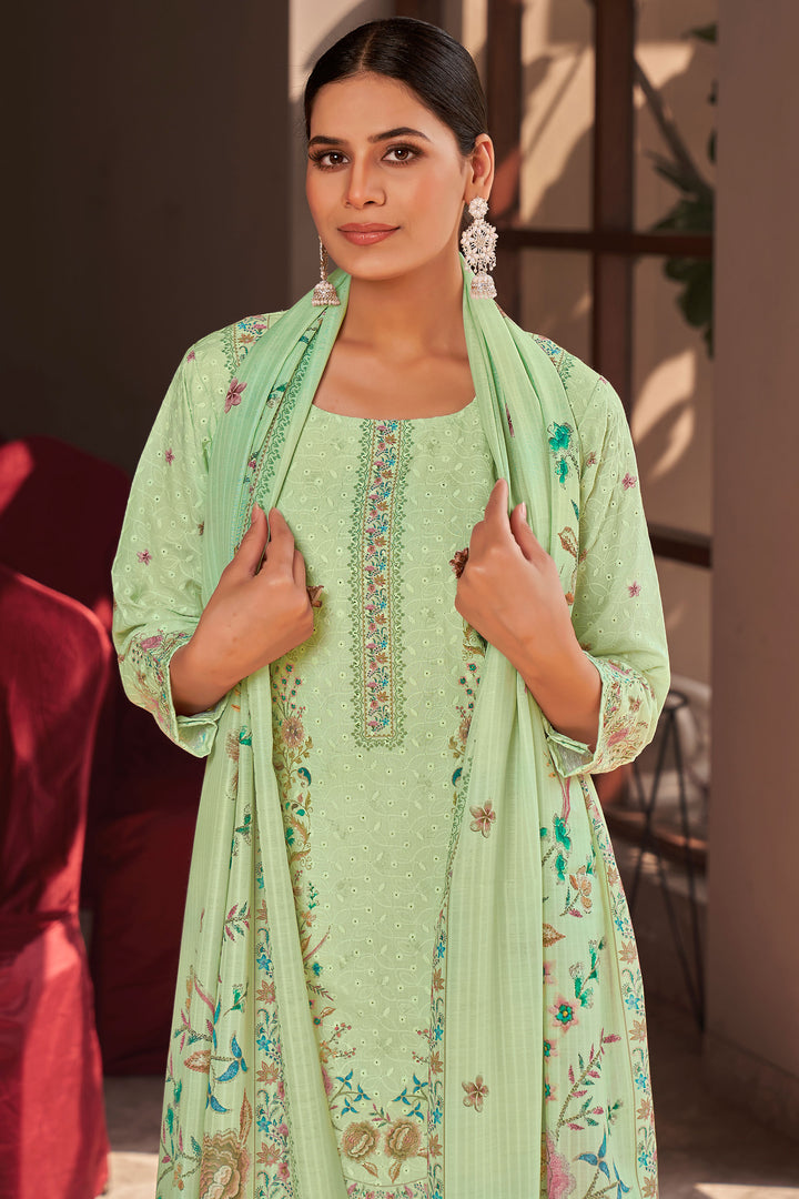 Sea Green Cotton Digital Printed Embroidery Work Salwar Suit