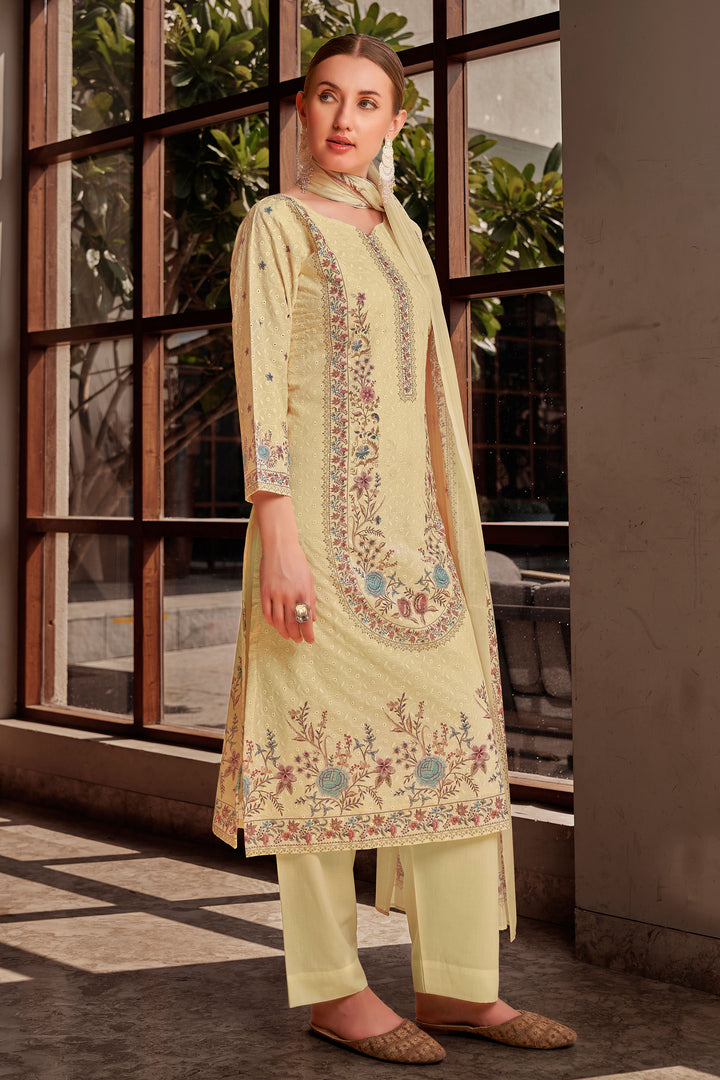 Beige Color Cotton Digital Printed Embroidery Work Salwar Kameez