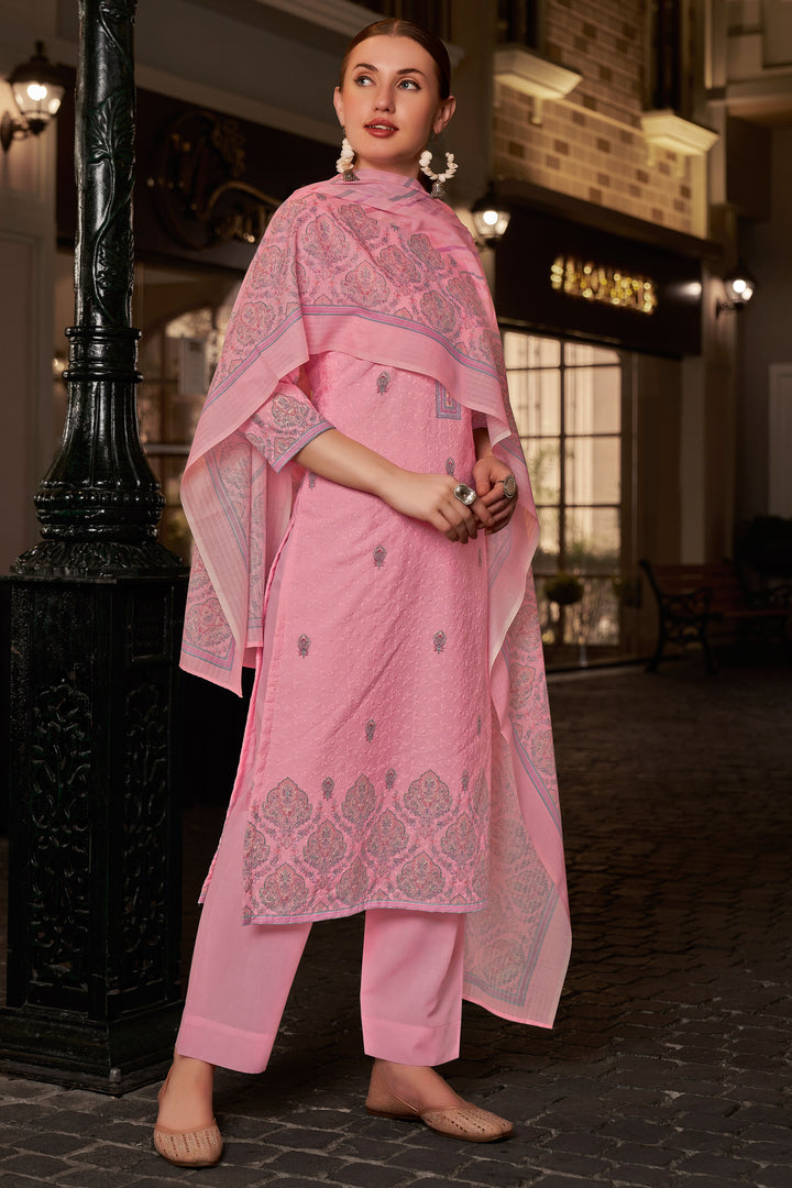 Cotton Digital Printed Embroidery Work Straight Cut Dress In Pink Color