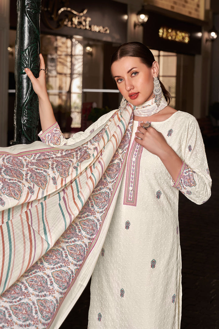 White Color Cotton Digital Printed Embroidery Work Straight Cut Suit