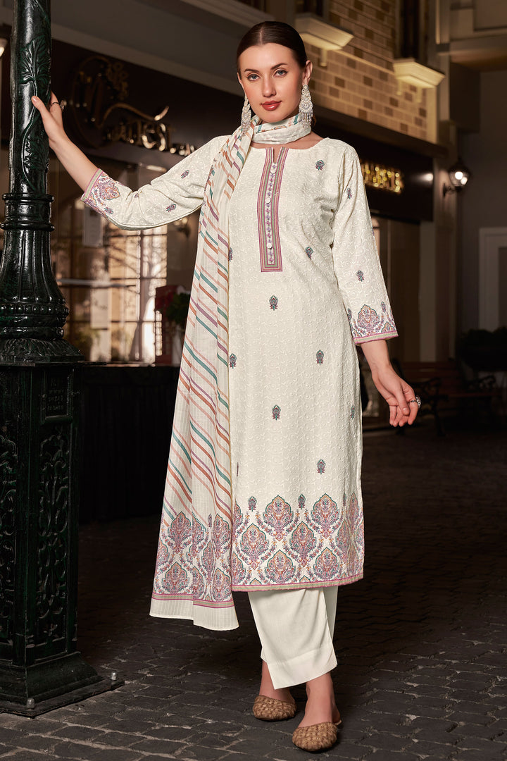White Color Cotton Digital Printed Embroidery Work Straight Cut Suit