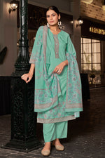 Load image into Gallery viewer, Cotton Digital Printed Embroidery Straight Cut Light Cyan Color Salwar Kameez
