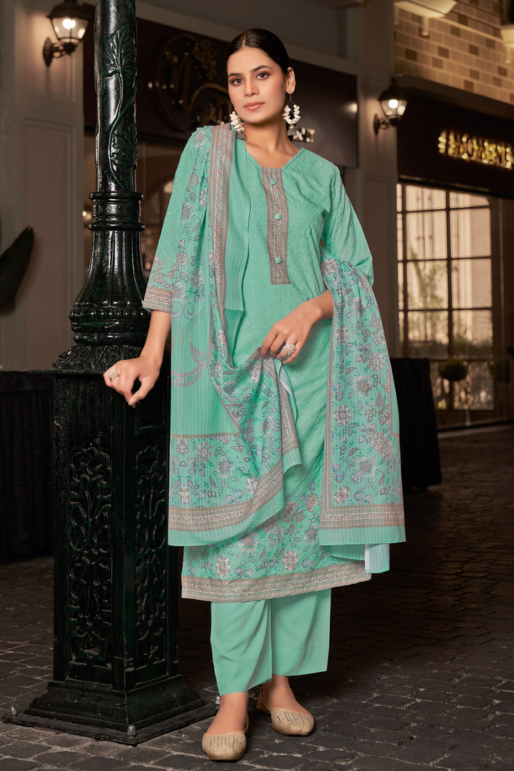 Cotton Digital Printed Embroidery Straight Cut Light Cyan Color Salwar Kameez