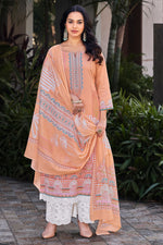 Load image into Gallery viewer, Pure Italian Lawn Digital Print With Daman Lace Palazzo Salwar Kameez In Peach Color
