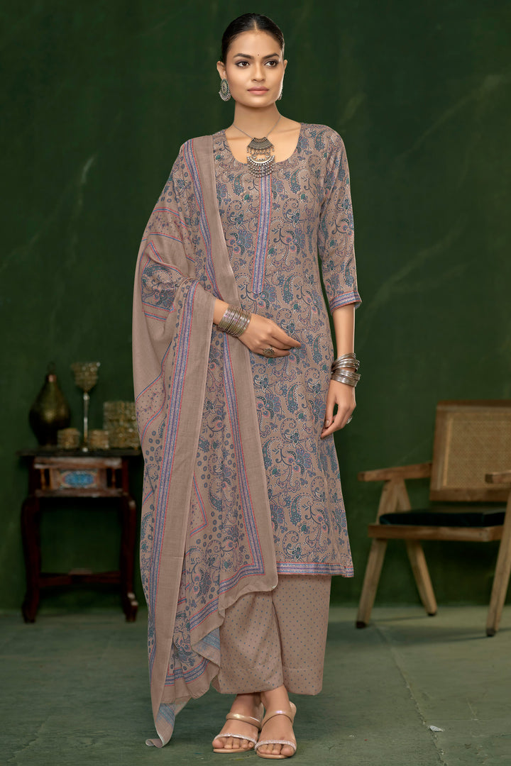 Dark Beige Jaam Satin Digital Print Casual Salwar Suit