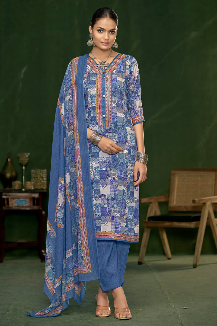 Jaam Satin Digital Print Casual Dress In Blue Color