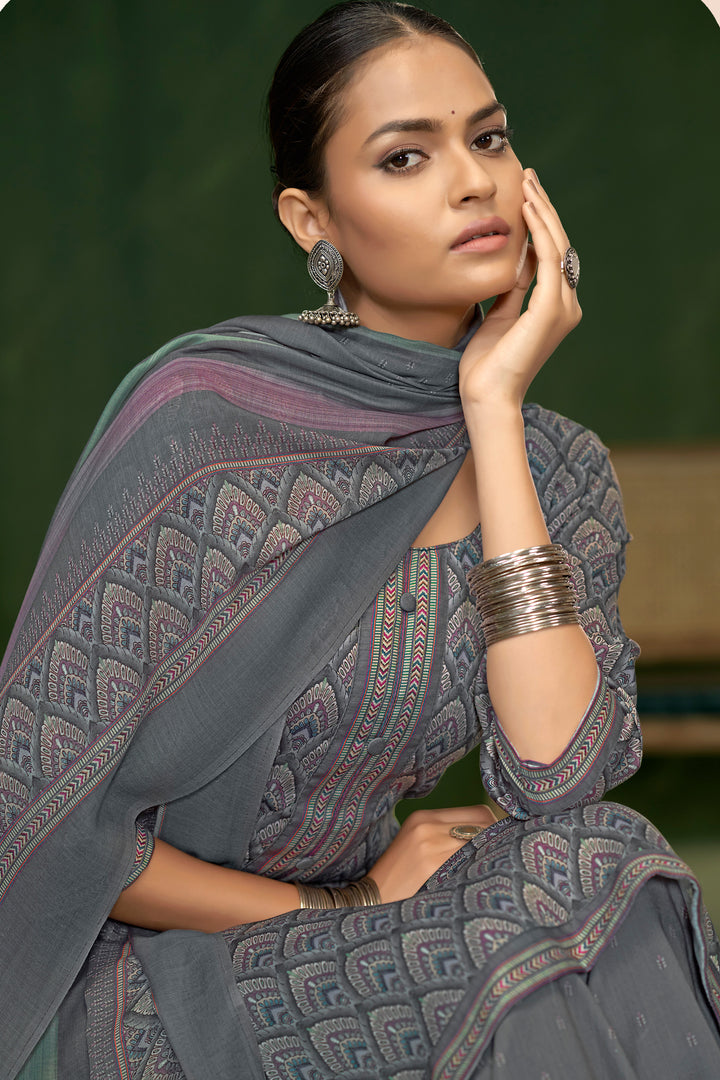 Gray Jaam Satin Digital Print Casual Palazzo Suit