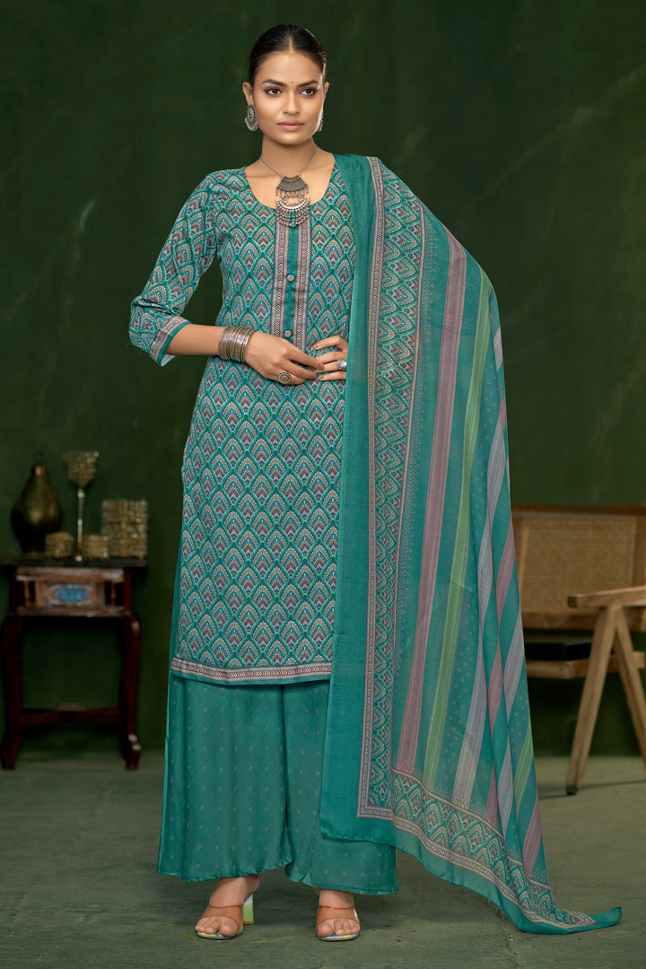 Teal Color Jaam Satin Digital Print Casual Palazzo Dress