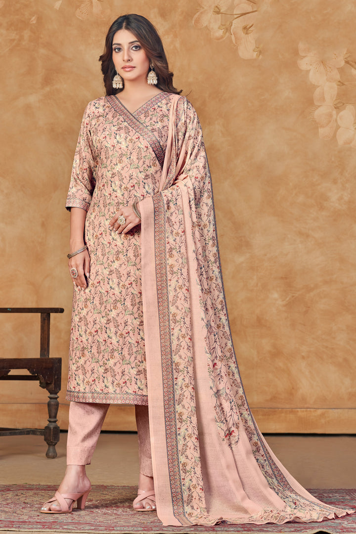 Jaam Satin Digital Print Casual Salwar Suit In Peach Color