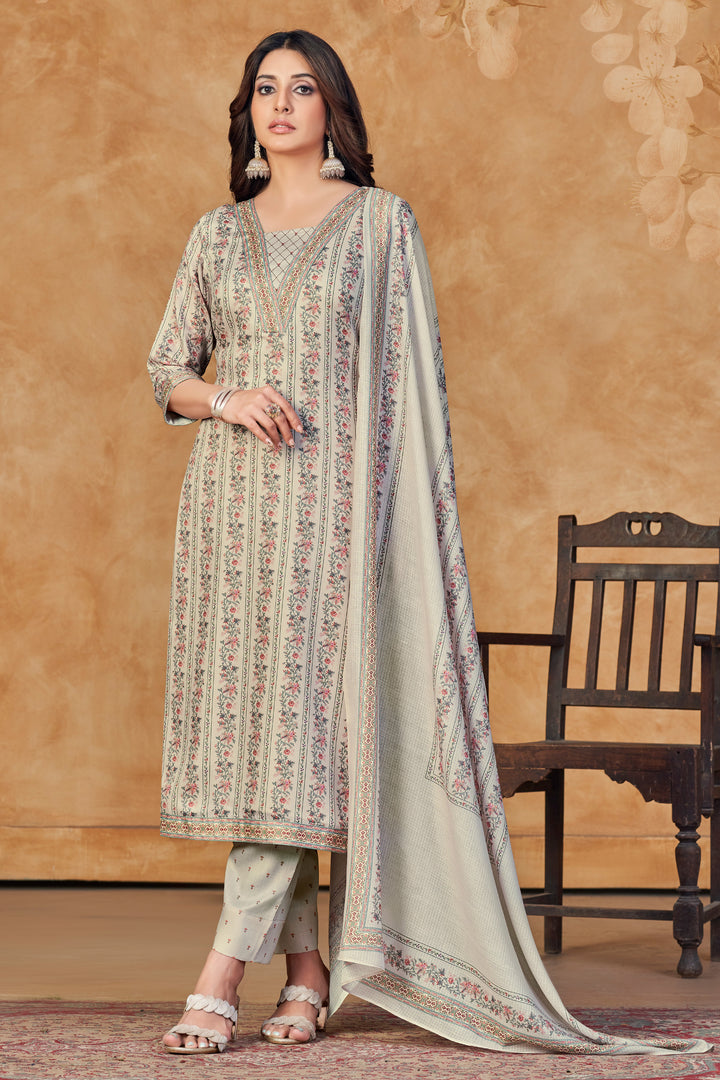 Beige Jaam Satin Digital Print Casual Suit
