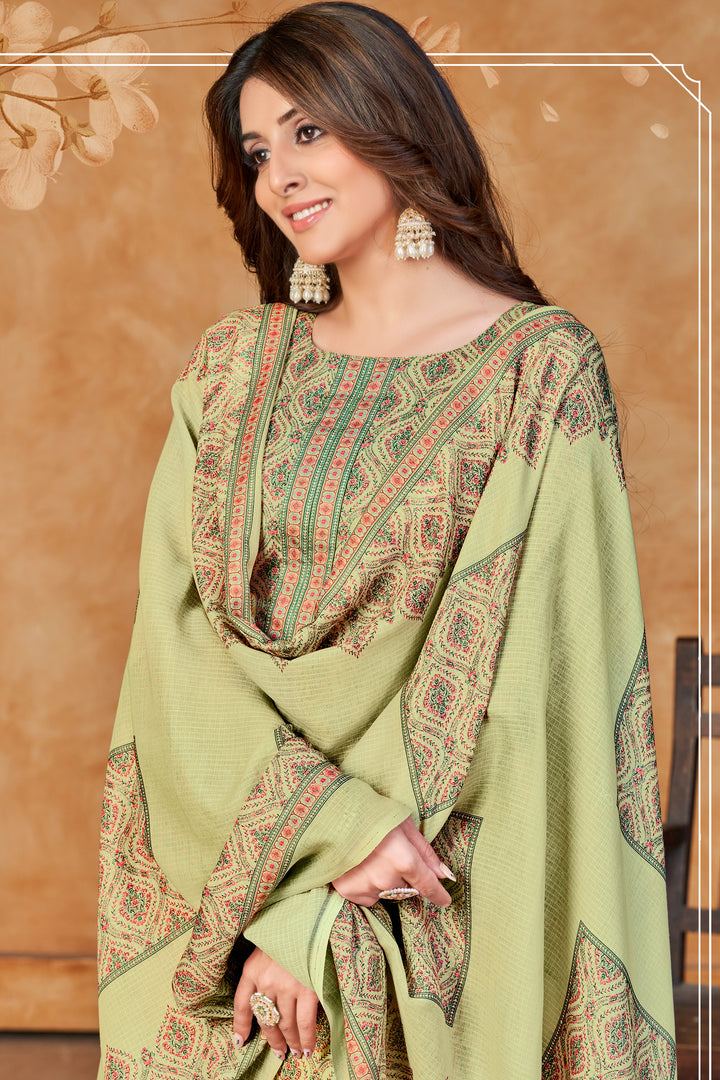 Jaam Satin Digital Print Casual Palazzo Salwar Suit In Olive Color