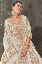 Load image into Gallery viewer, Off White Jaam Satin Digital Print Fancy Salwar Kameez With Yock Embroidery Work
