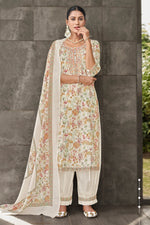 Load image into Gallery viewer, Off White Jaam Satin Digital Print Fancy Salwar Kameez With Yock Embroidery Work
