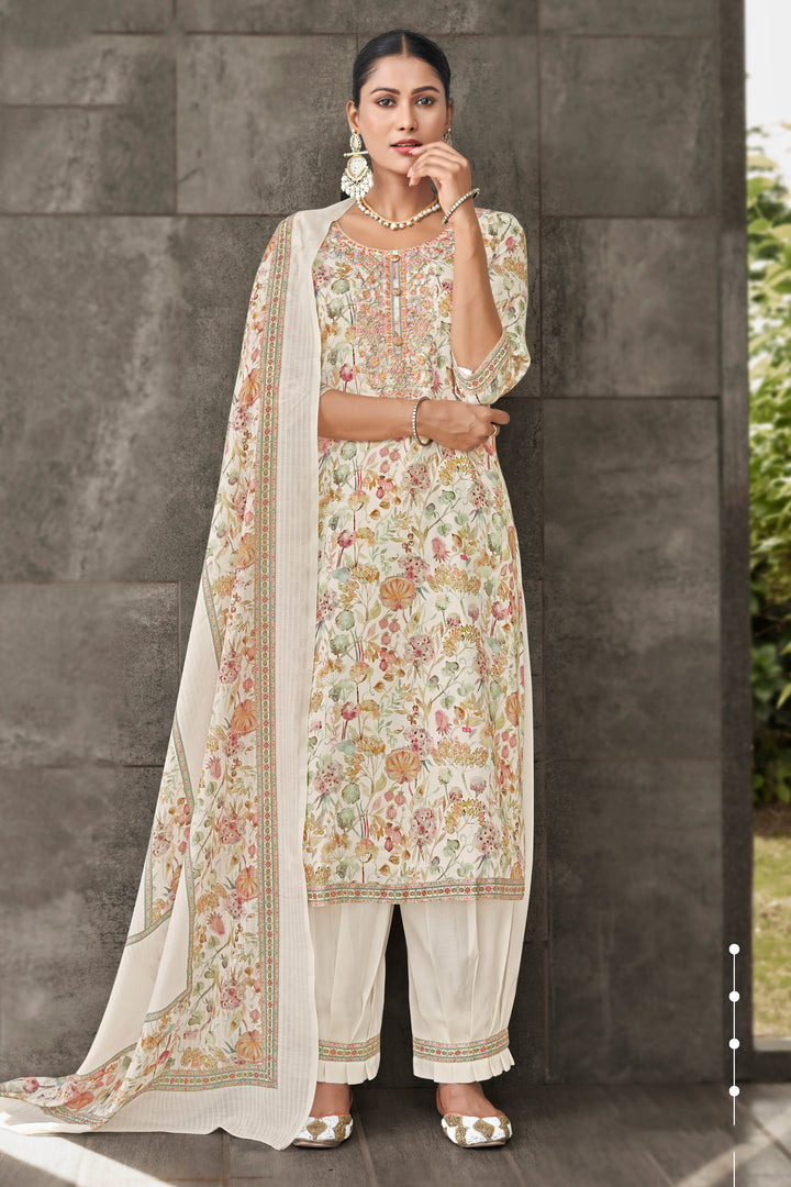 Off White Jaam Satin Digital Print Fancy Salwar Kameez With Yock Embroidery Work