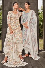 Load image into Gallery viewer, Off White Jaam Satin Digital Print Fancy Salwar Suit With Yock Embroidery Work
