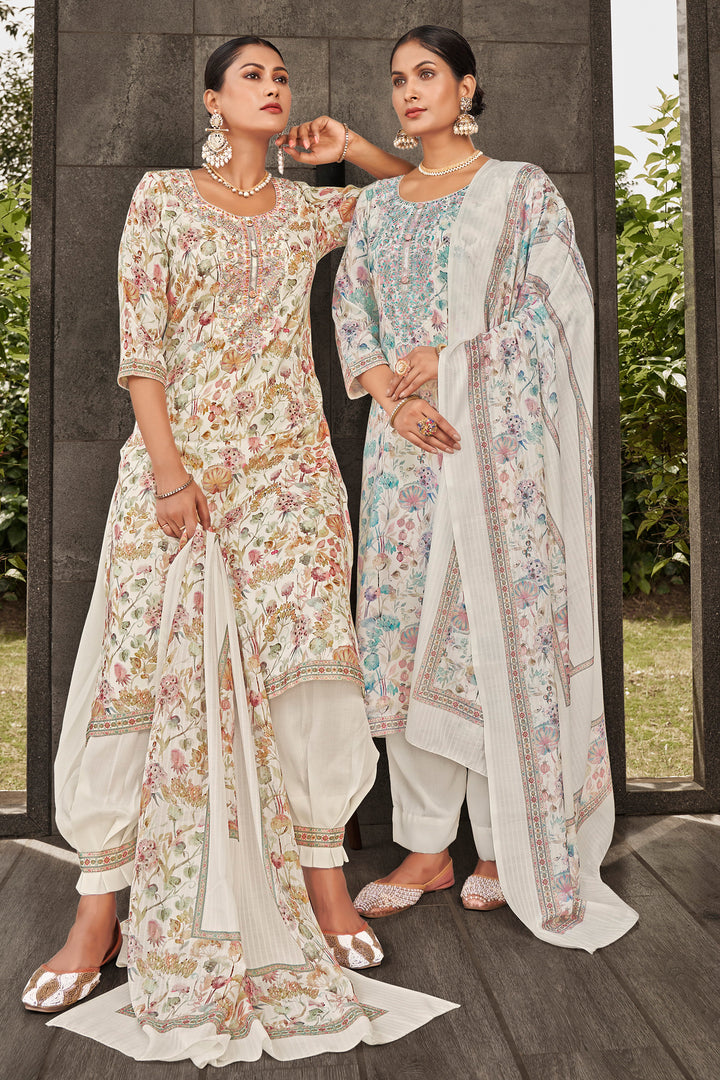 Off White Jaam Satin Digital Print Fancy Salwar Suit With Yock Embroidery Work