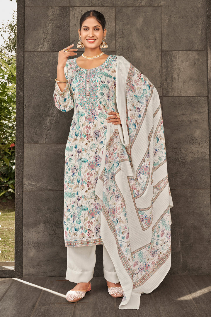 Off White Jaam Satin Digital Print Fancy Salwar Suit With Yock Embroidery Work