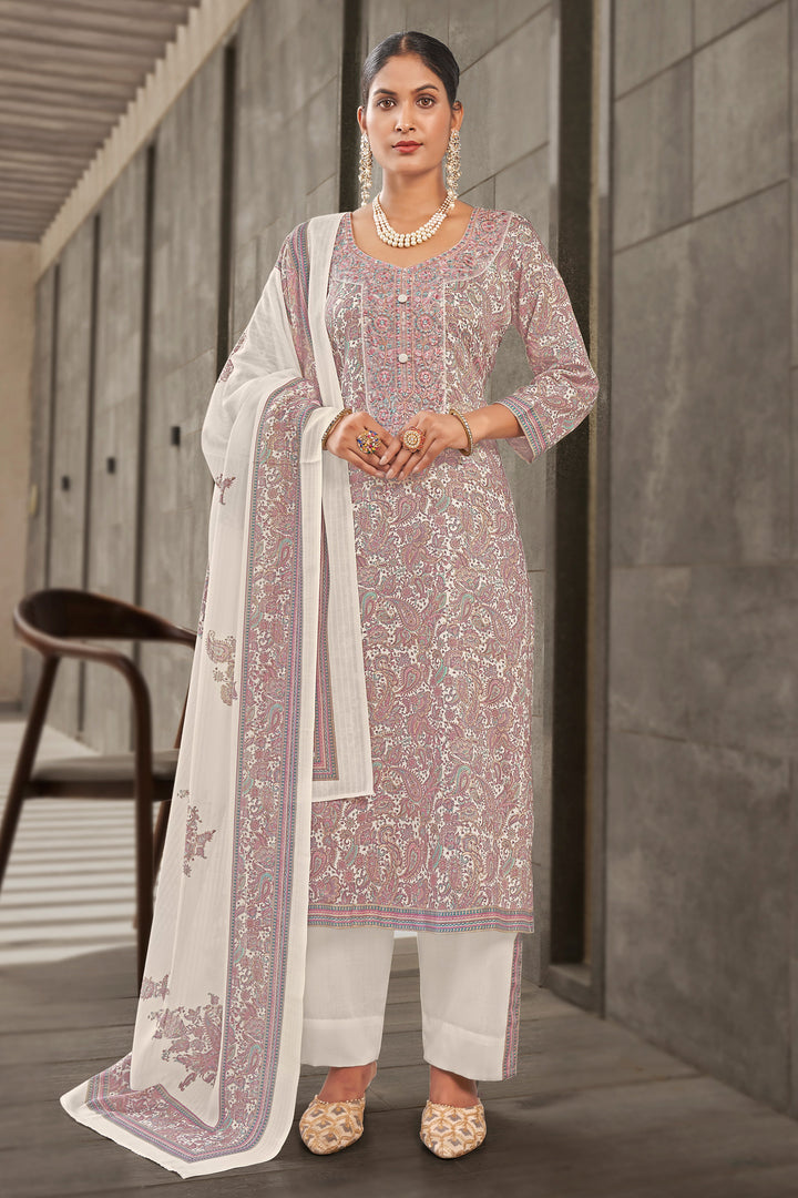 Off White Jaam Satin Digital Print Fancy Suit With Yock Embroidery Work