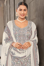 Load image into Gallery viewer, Off White Jaam Satin Digital Print Fancy Dress With Yock Embroidery Work
