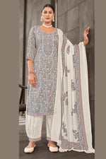 Load image into Gallery viewer, Off White Jaam Satin Digital Print Fancy Dress With Yock Embroidery Work
