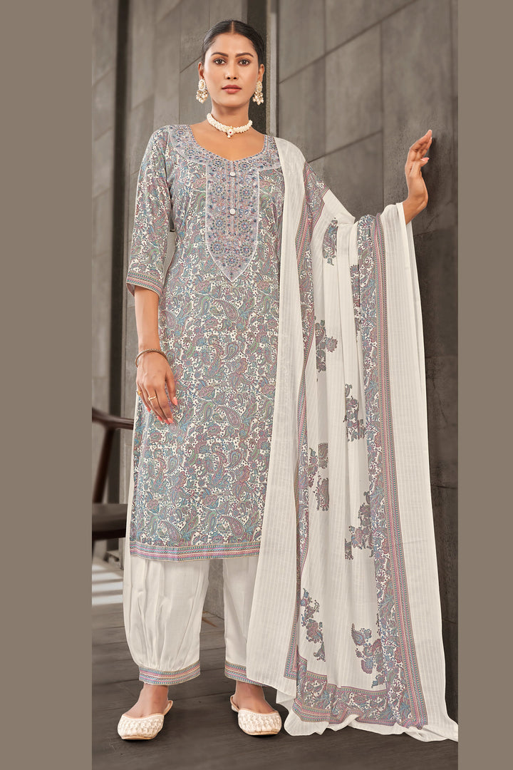 Off White Jaam Satin Digital Print Fancy Dress With Yock Embroidery Work