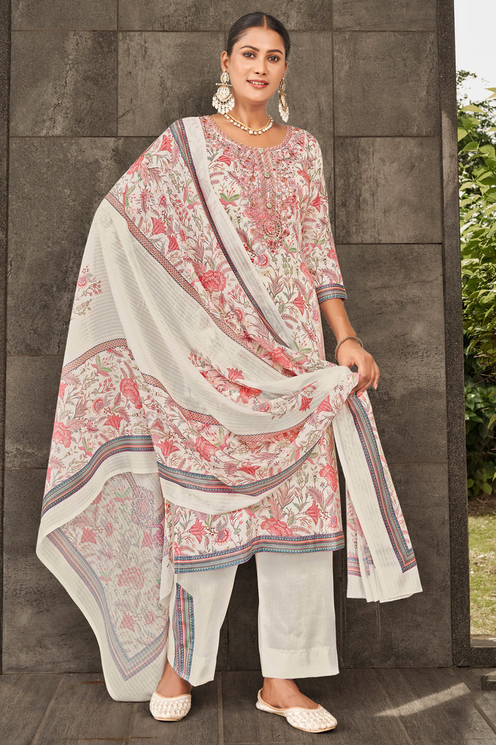 Jaam Satin Digital Print Fancy Off White Salwar Kameez With Yock Embroidery Work