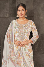 Load image into Gallery viewer, Off White Color Jaam Satin Digital Print Salwar Suit With Yock Embroidery Work
