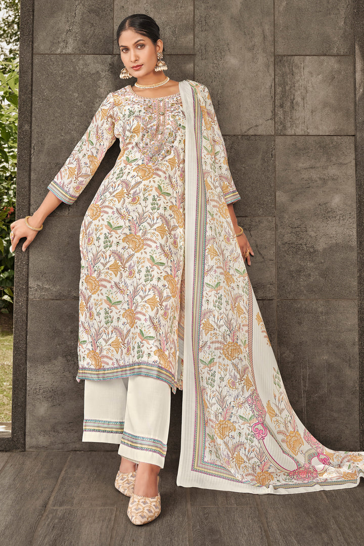 Off White Color Jaam Satin Digital Print Salwar Suit With Yock Embroidery Work