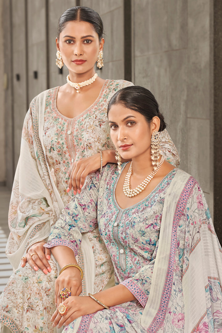 Jaam Satin Digital Print Off White Suit With Yock Embroidery Work