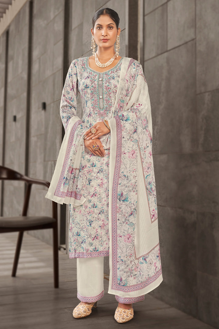 Jaam Satin Digital Print Off White Suit With Yock Embroidery Work