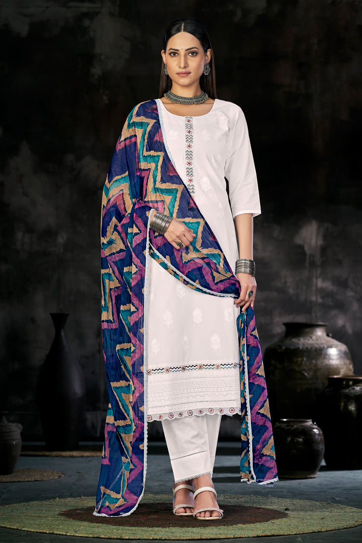 White Pure Italian Lawn Lucknowi Embroidery Work Straight Cut Salwar Suit